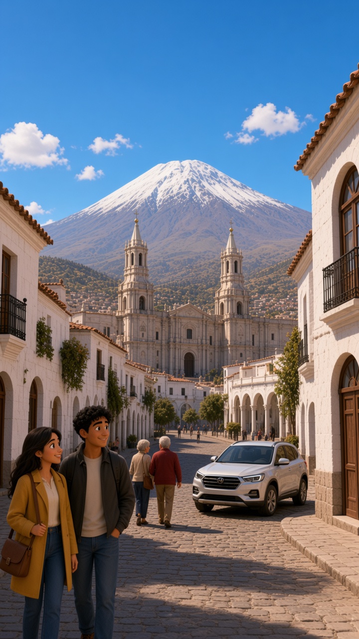 Arequipa, la ciudad blanca y el Misti, con el vehículo en la calle