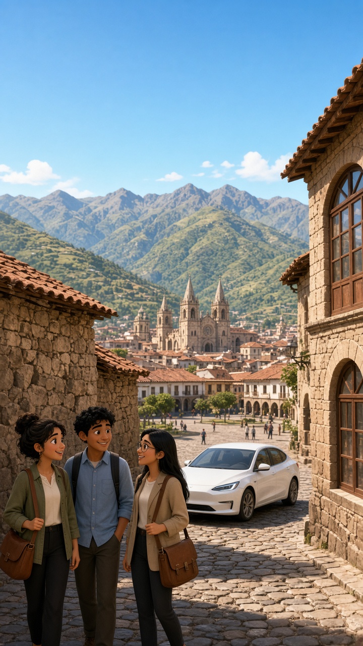 Cusco, plaza y montañas, con el equipo y el auto en la calle de piedra