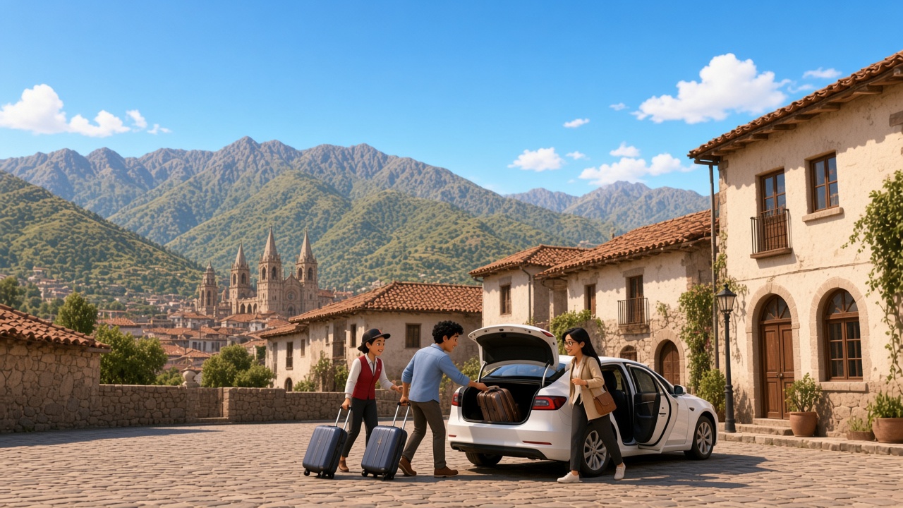 Huéspedes y el taxi frente al hotel, con la plaza de Cusco y las montañas