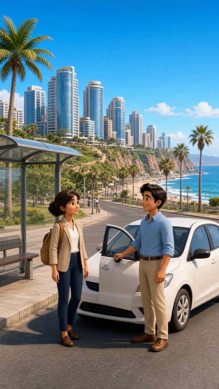 Equipo corporativo junto al auto, con el malecón de Lima al fondo
